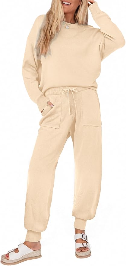 Ekouaer Women's 2 Piece Lounge Set Long Sleeve Knit Pajamas Sweatsuit Jogger Pant Outfits With Pockets S-XXL