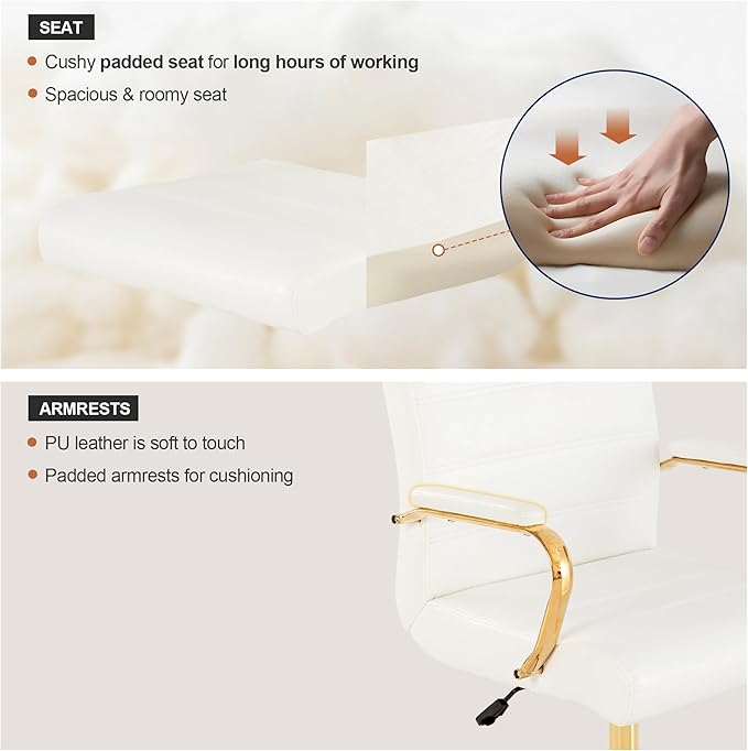 BOWTHY White and Gold Office Desk Chair, Modern Leather Conference Room Chairs, High Back Ergonomic Home ofiice Chair, Adjustable Height Swivel Executive Computer Chair with Padded Seat and Armrest