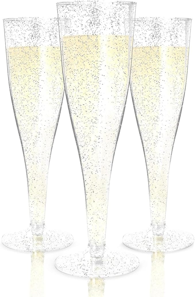 Prestee 24 Champagne Flutes Plastic - Disposable Flute - Silver Glitter Plastic Glasses for Parties - Mimosa Bar, Wedding,...