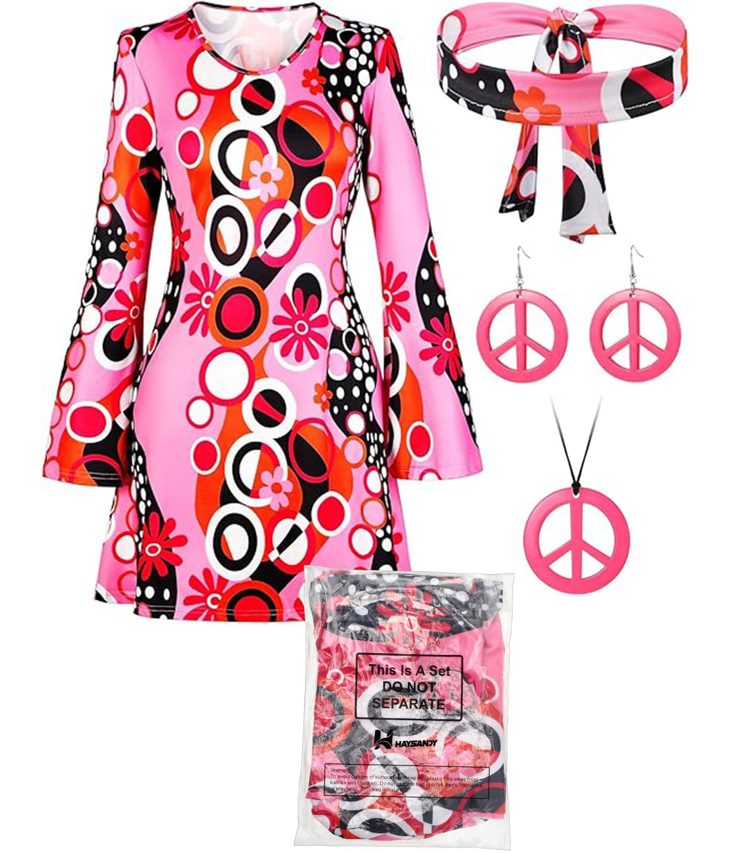 Haysandy 70s 60s Hippie Costume Set Women Disco Outfit Accessories for Halloween Carnival Earrings Necklace Headband(Medium)