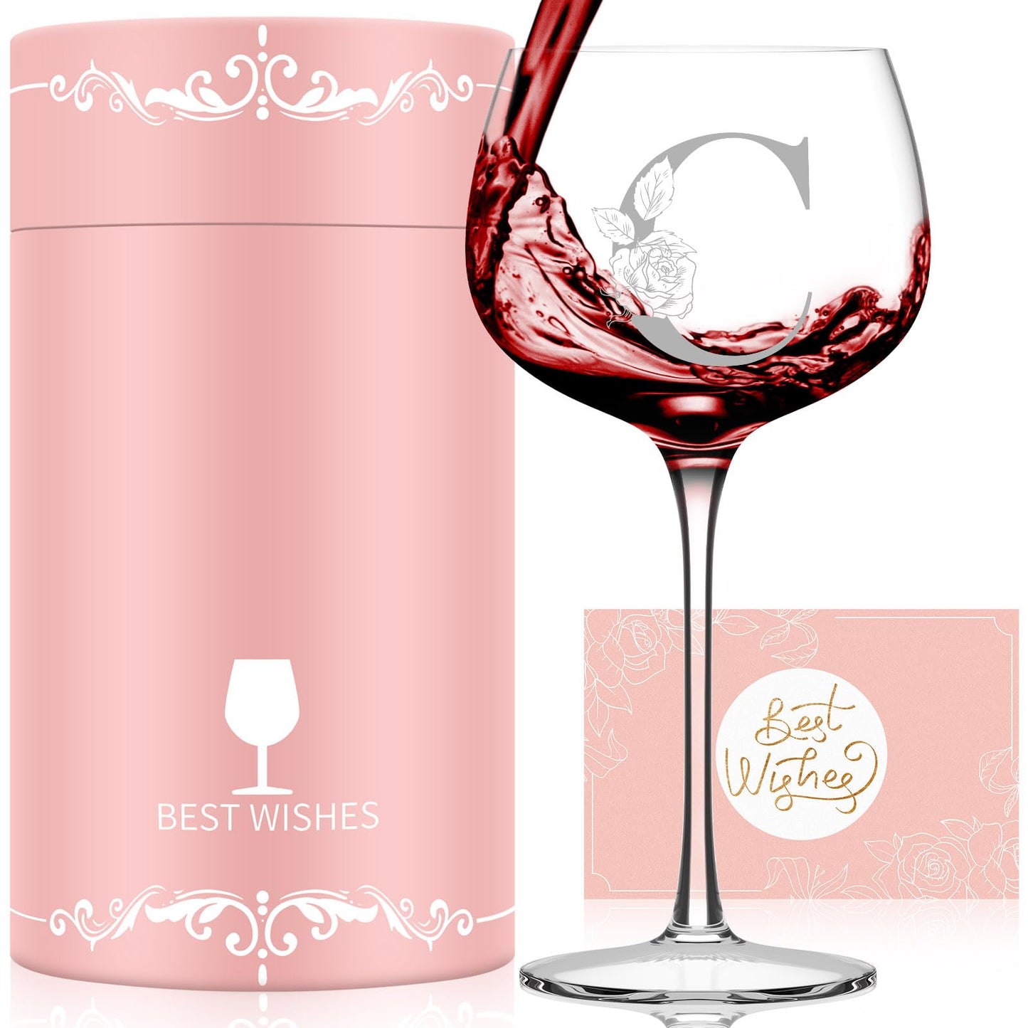 Personalized Gifts for Women, Monogrammed A-Z Wine Glass Customized Gift, Unique Christmas Birthday Gifts for Women Her Mom Friend Sister Wife Daughter Nurse (C)