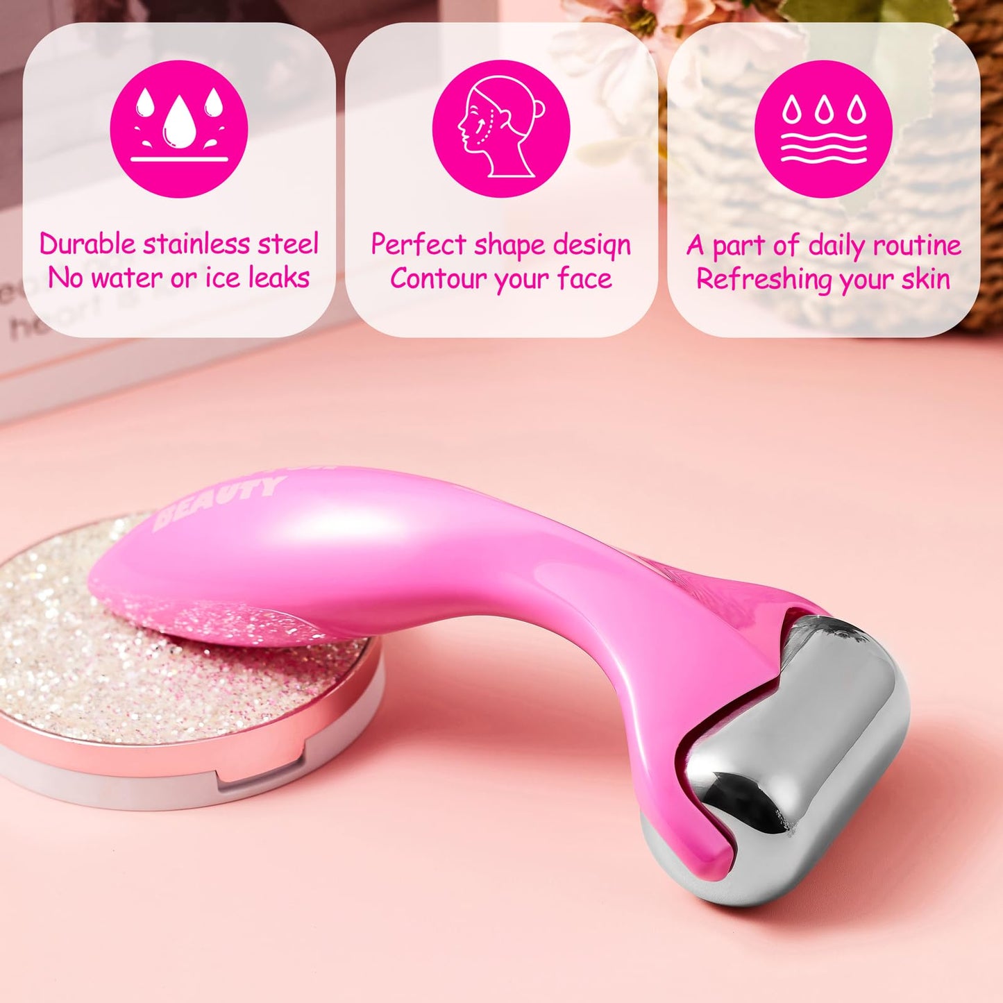 360 Rotating Ice Roller for Face-Stainless Steel Facial Massage Tool for Skin Tightening, Ice Face Roller -Wrinkle Reduction & D