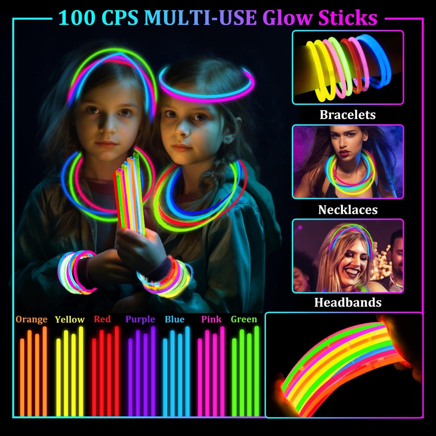 TURNMEON 148 PCS Glow in the Dark Party Supplies Light Up Toys with 24 Led Glasses, 24 Flashing Bracelets and 100 Glow Sticks Bulk Party Favors for Kid Birthday Wedding Carnivals Concert Halloween