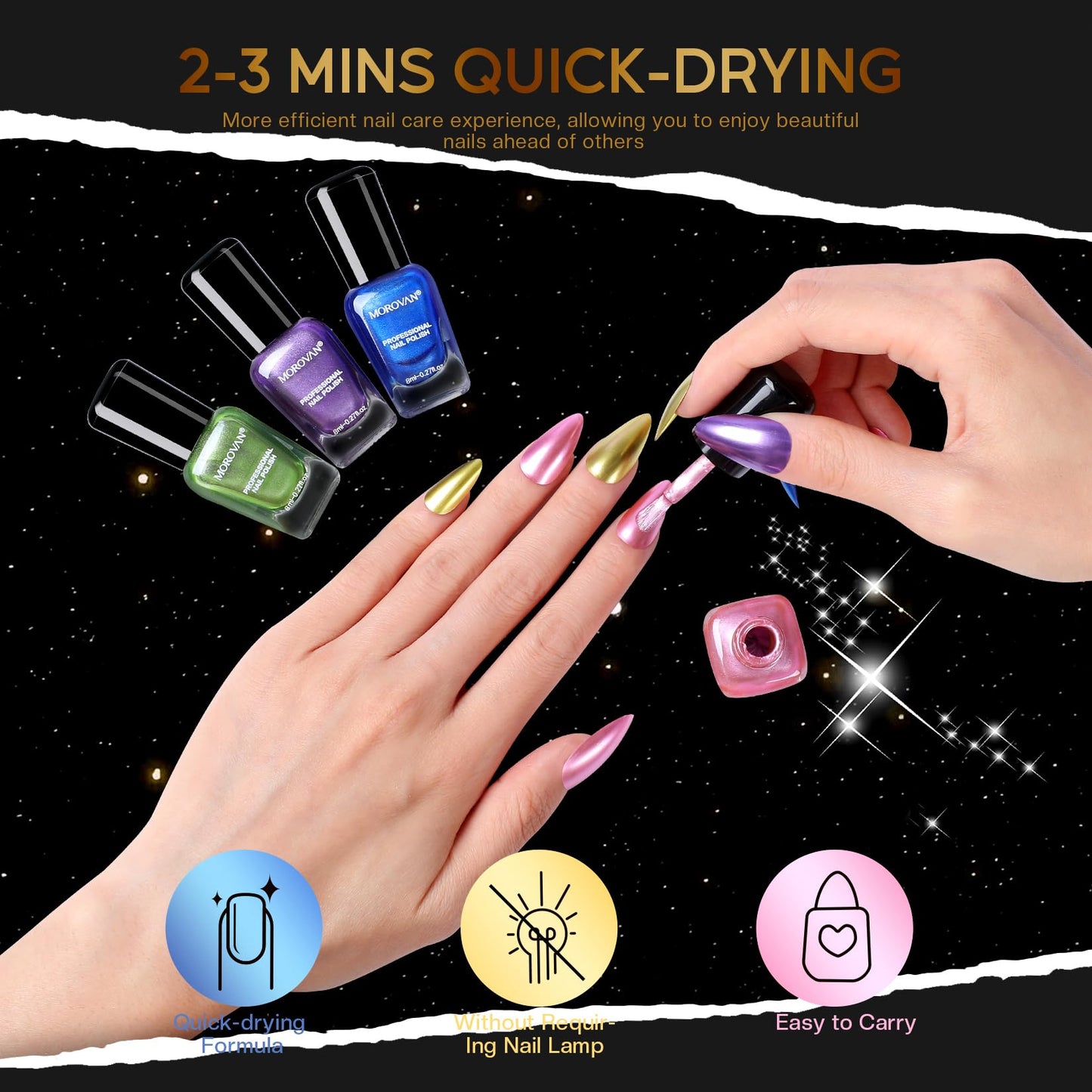 Morovan Fingernail Nail Polish Set: Metallic Chrome Mirror Quick Air Dry Nail Polish Gold Sliver Purple Mini Nail Polish Kit Hom