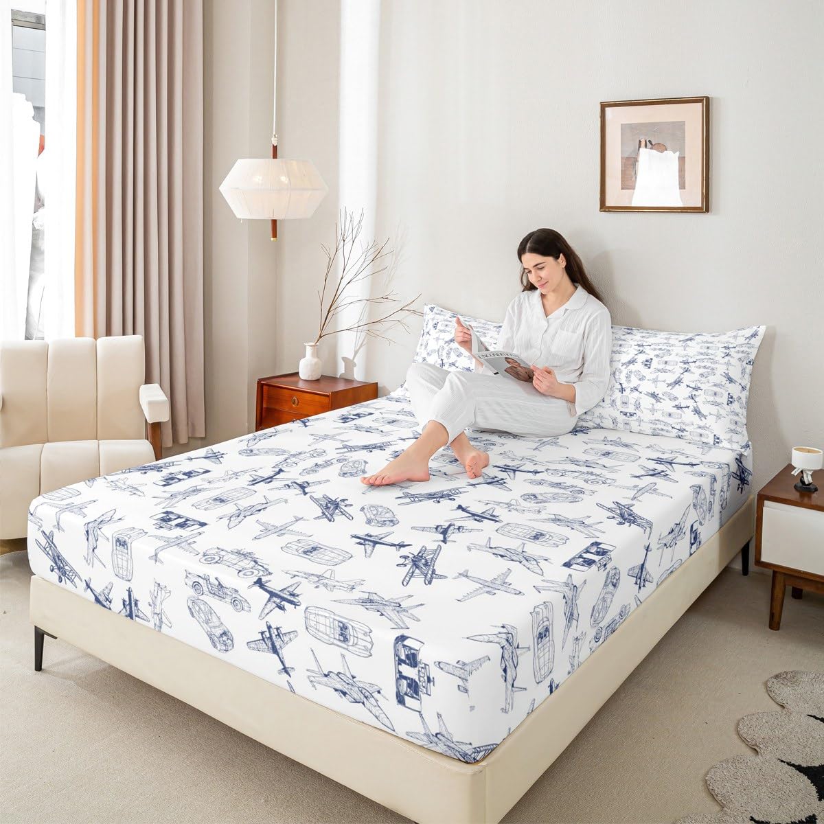 Aircraft Bed Sheet Set Kids Airplane Print Fitted Sheet Boys Girls Decor Aircraft Flying Bedding Set Microfiber Sketch Style Blue White Bedspread Cover Bedroom Full Size