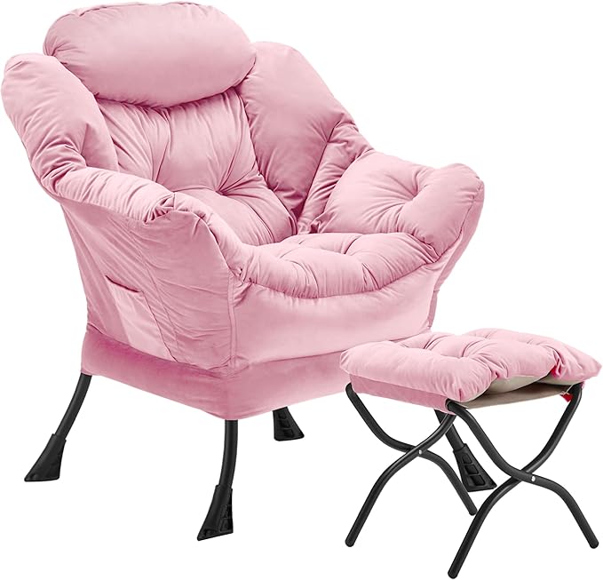 Youtanic Lazy Chair with Folding Ottoman, Accent Chair Velvet Upholstered with Metal Structure and Non-Slip Pads, Sofa Armchair with Footrest and Side Storage Bag for Dorm, Room, Office, Pink