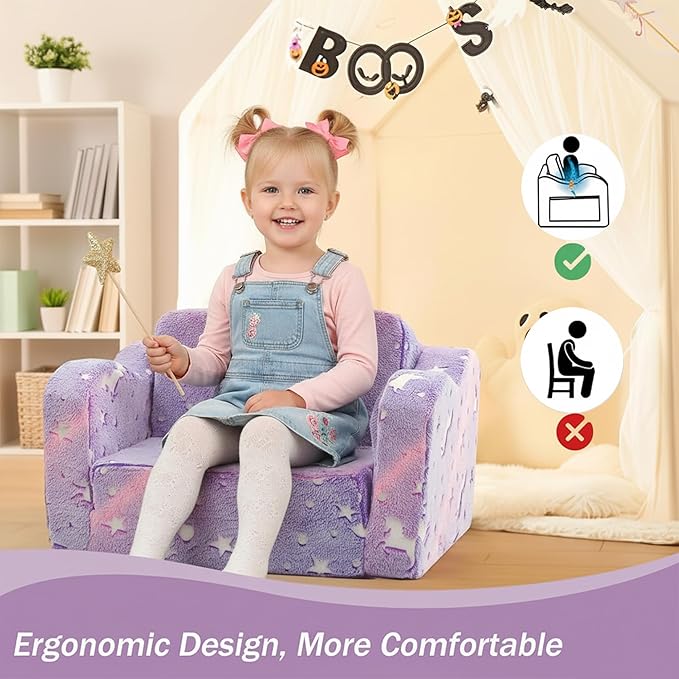 MeMoreCool Toddler Chair Comfy 1-3 Years Old, Kids Couch for Playroom, Convertible Glowing Unicorn Flip Out Sofa, Kids Furniture Floor Recliner Chair Bed