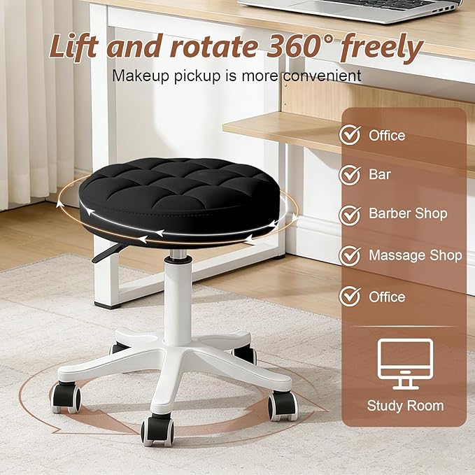 JPBSTO Small Rolling Stool with Wheels, PU Leather Height Adjustable Vanity Work Task Stool, 360 Swivel, Padded Seat Cushion, for Salon, Home, Office