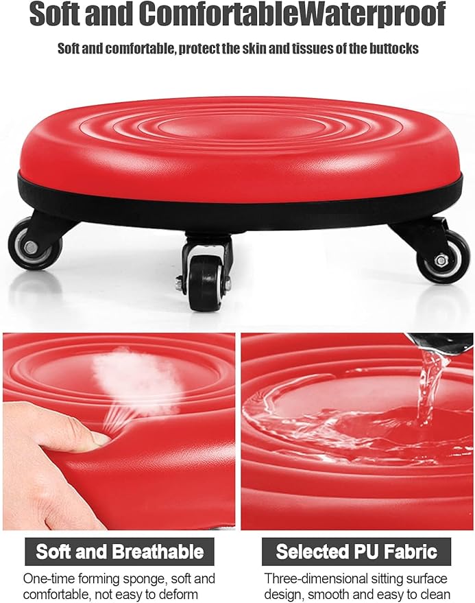 Lanstics Low Rolling Stool with Wheels PU Leather Roller Seat Wheel Stool Chair Round Rolling Seat Stool with Universal Wheels for Home Office Fitness (Red)