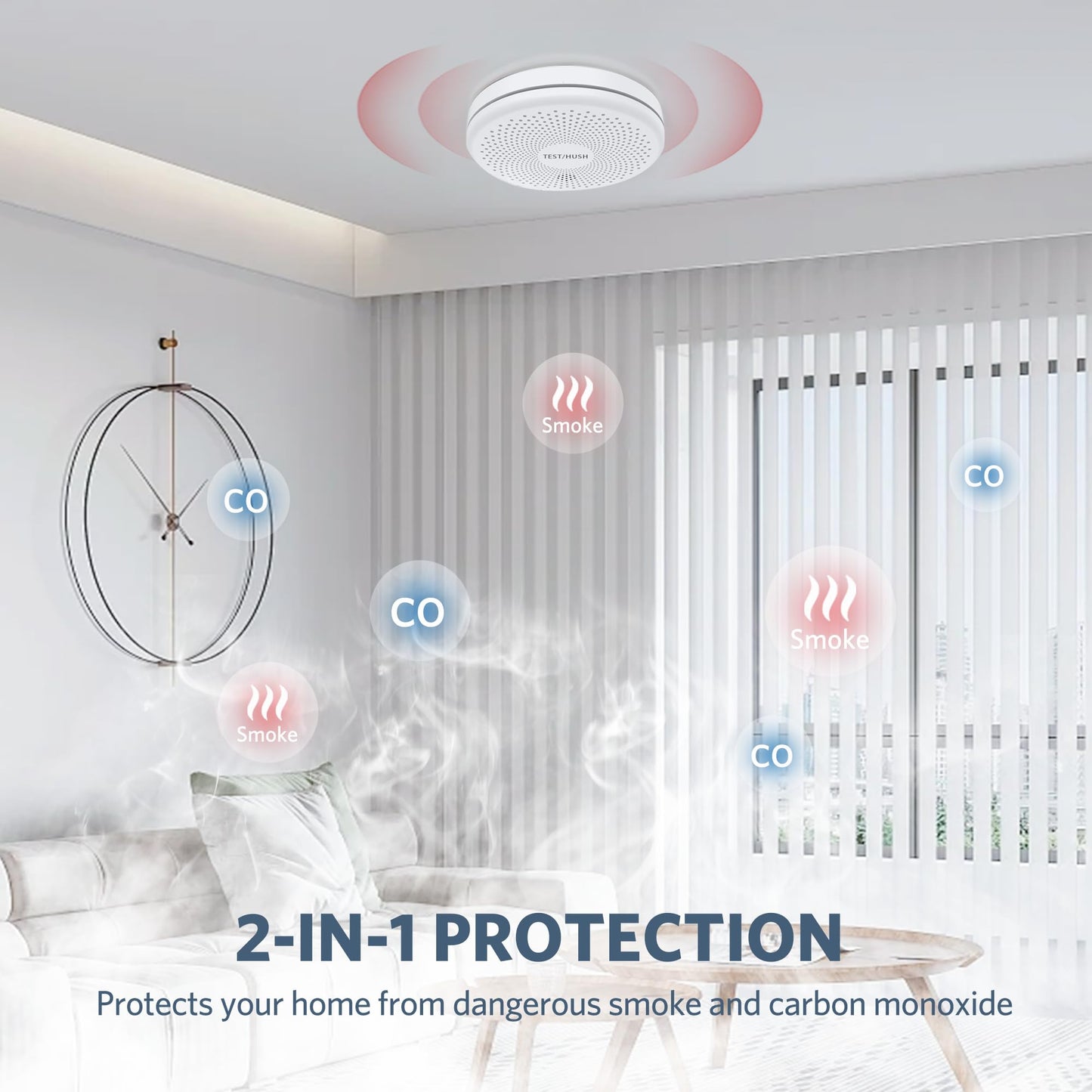 HATHEPHS Smoke Detector Carbon Monoxide Detector Combo, 10-Year Battery Ultra-Thin Photoelectric Smoke Alarm and CO Detector with Large Test/Silence Button, 2-Pack