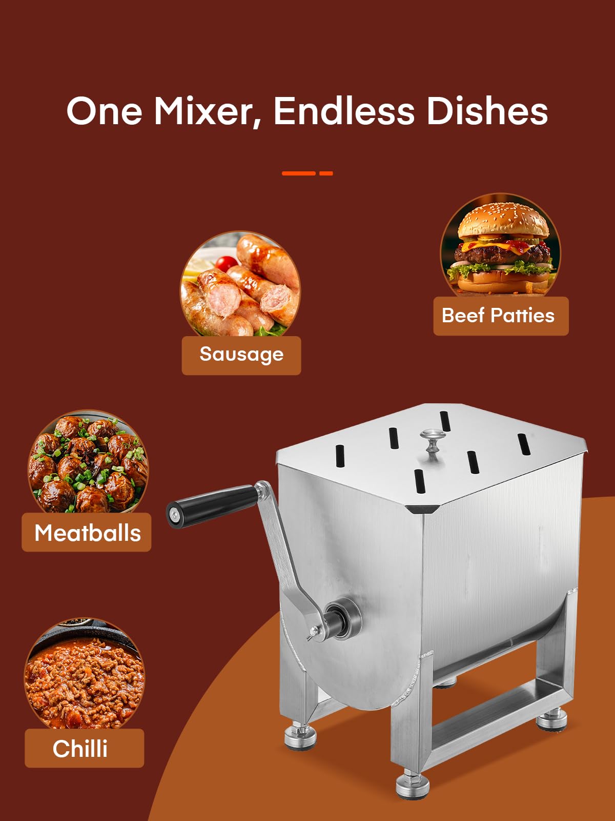 Meat Mixer, 20LBS/10L Capacity Tank 304 Stainless Steel Manual Meat Mixer, Meat Mixer for Sausage with Stainless Steel Lid ＆ Deachable Handle, Mix Up to 15LBS/7.5L