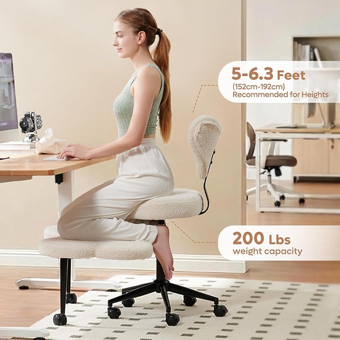 Nost & Host Cross Legged Office Chair with Wheels, 4INCH ADHD Chair for Adults, Meditation Chair, Height Adjustable Seat, Yoga Chair, Teddy Fabric, Off White