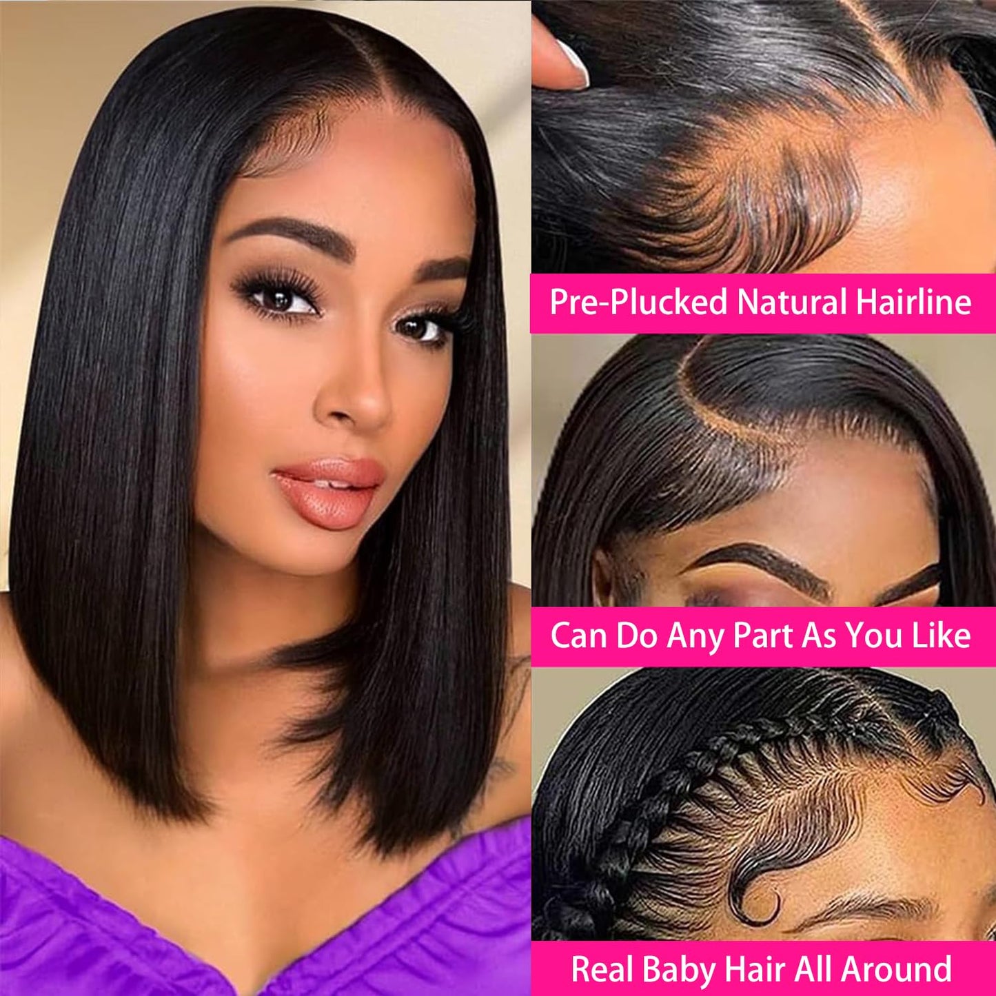 Mihugass 8 Inch Bob Wig Human Hair 13x6 Hd Transparent Lace Front Wigs Human Hair Pre Plucked Glueless Bob Wig #1 Jet Black 200%