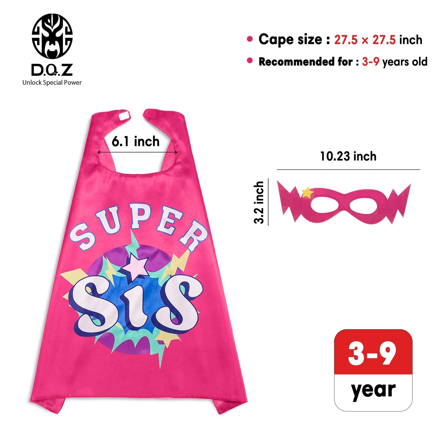 D.Q.Z Superhero-Capes and Masks for Kids, Big Sister Gifts for Girls' Role Play New Sibling Birthday Family Party (Rose)