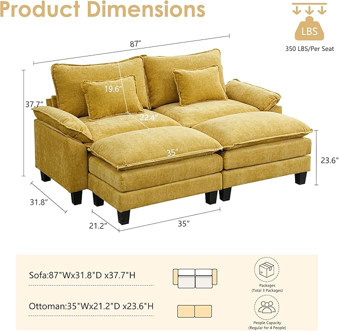 URRED Cloud Couch Modular Sectional Sofa, 87" Modern Loveseat Sofa with 2 Ottomans & Pillows, Ultra Comfy Chenille Couches for Living Room, Bedroom or Apartment, Yellow
