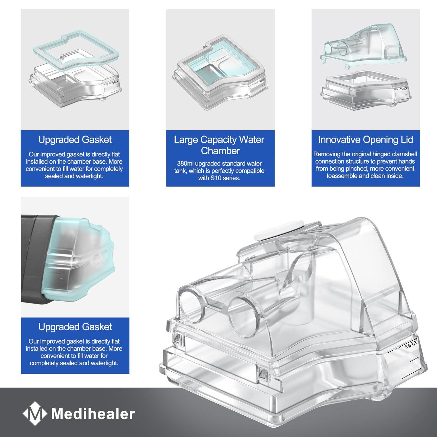 2026 Latest Upgraded Water Chamber for AirSense 10, HumidAir Water Tub for Air10 CPAP Machine, 380ml Upgraded Standard Humidifier Tub, Great-Value Supplies by Medihealer.