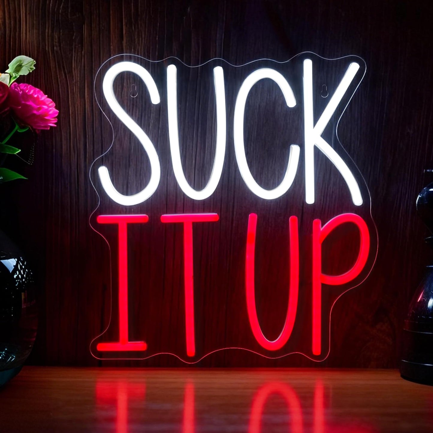 Mvorixa Suck It Up Neon Sign, Dimmable Funny Motivational LED Wall Light, Cool White & Red Neon Lights, USB Powered, 11.18x12.87 in, Home Office, Bedroom, Game Room, Man Cave, Teen Dorm Quotes Wall Decor