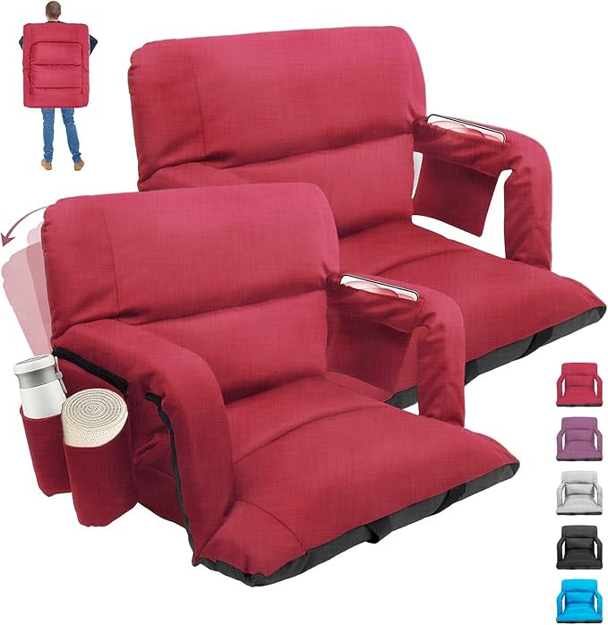 Stadium Seats with Back Support,Wide Stadium Chairs with Back and Cushion, Sofa Style Stadium Seats, 6 Reclining Positions, Extra Thick Bleacher Seat for Sports Events (Red-2 Pack,Wide|25")