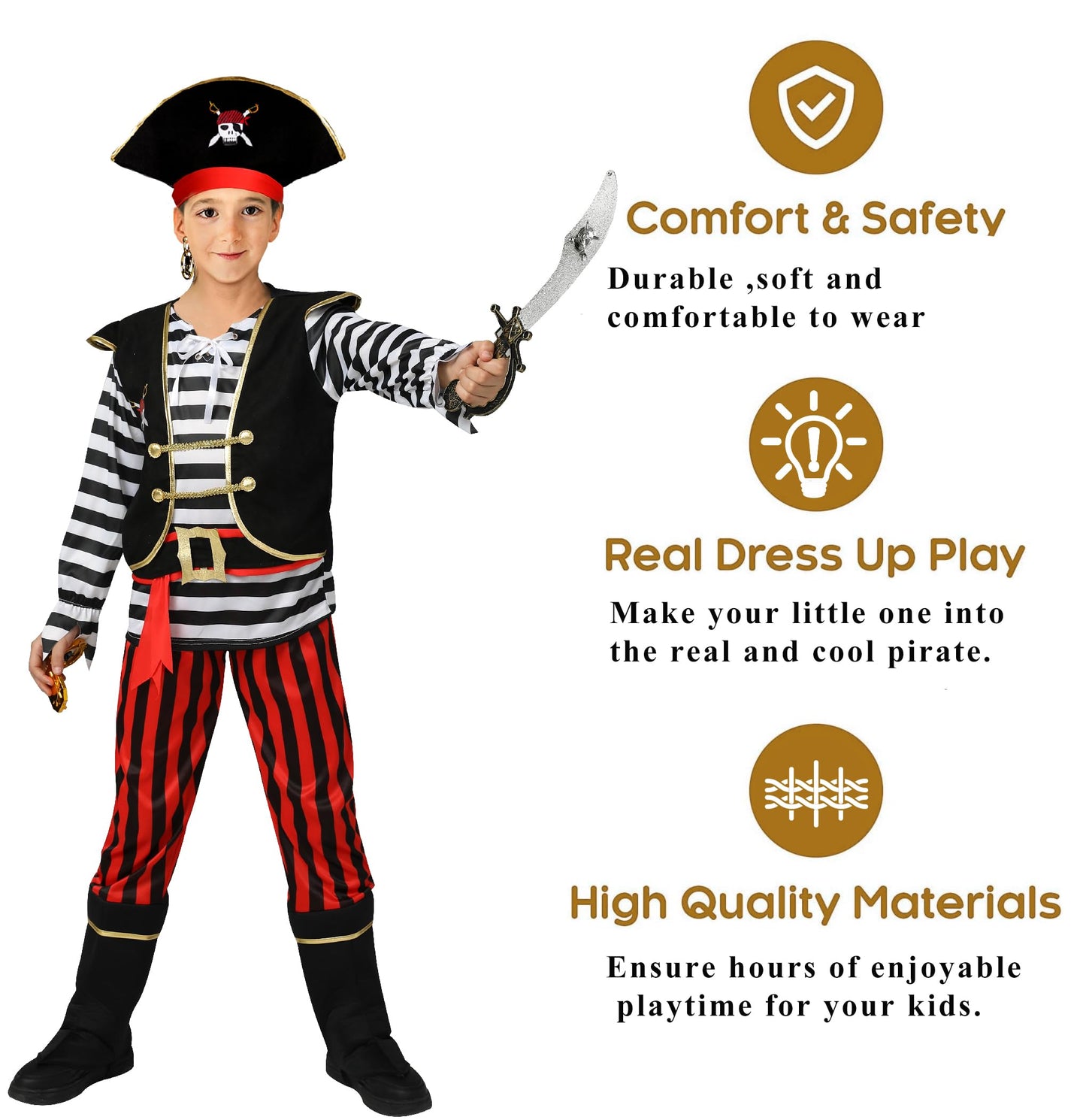 Yorborgor Kids Pirate Outfit - Boys Cosplay Party Dress Up (Stripes, 3-4 Years)