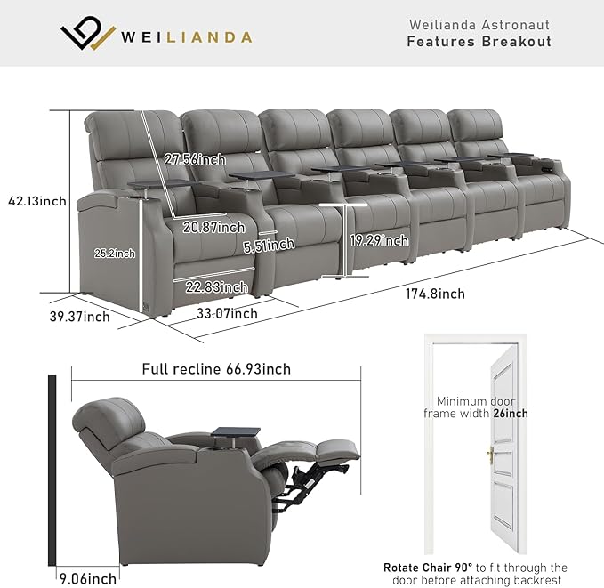 Weilianda Home Theater Seating, Top Grain Leather Sectional Seats Recliner Chair, Zero Gravity Reclining Sofa with Power Headrest 7 Colors Ambient Lighting USB C Charge Row of 6 Grey
