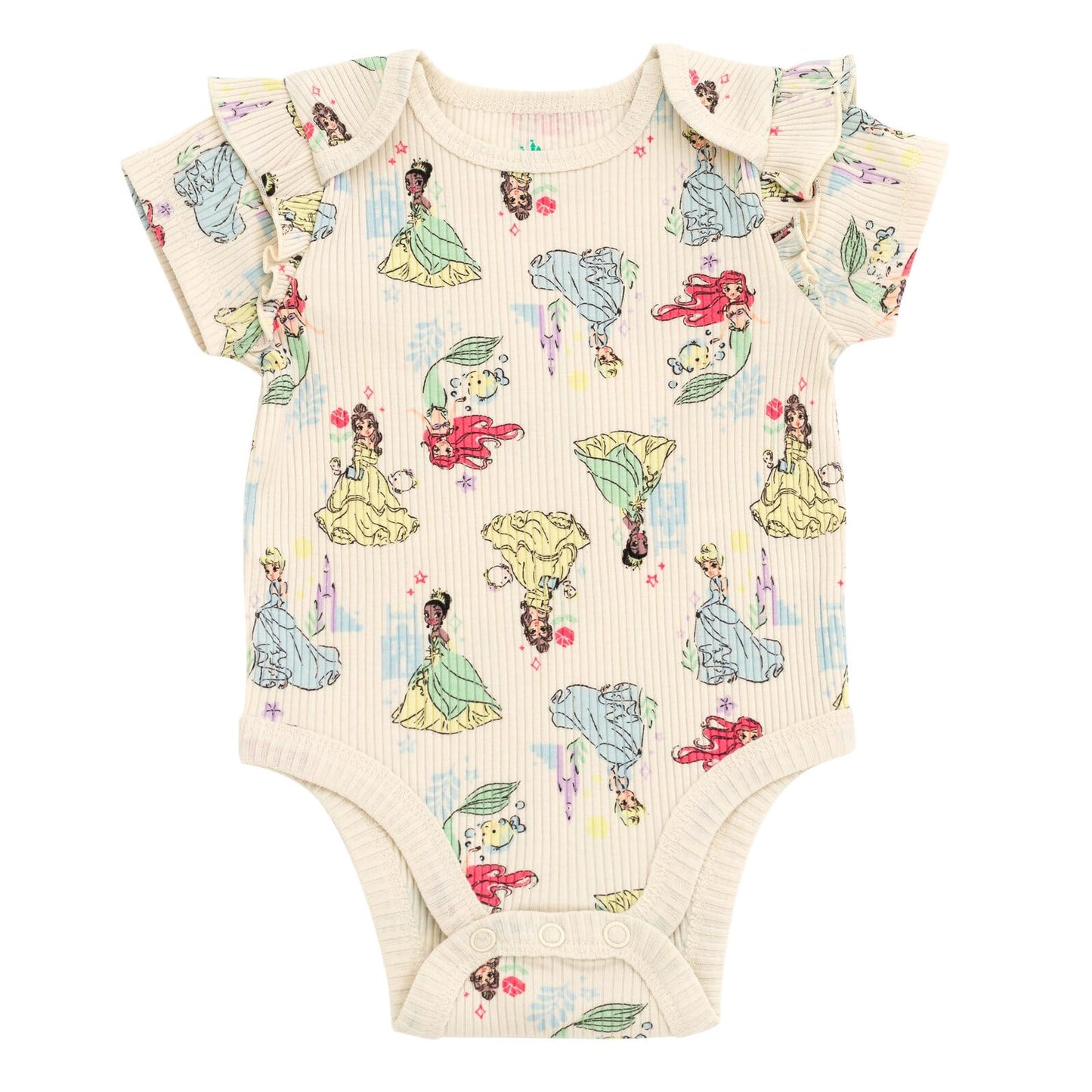 Disney Princess Newborn Baby Girls Ribbed Bodysuit, Shorts and Headband 3 Piece Outfit Set Beige Princesses 6-9 Months