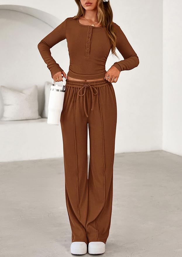 PRETTYGARDEN Women's 2026 Fall Trendy 2 Piece Outfits Lounge Sets Long Sleeve Top Henley Shirts Wide Leg Pants Travel Clothes