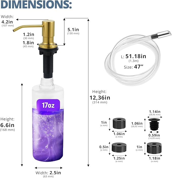 SBEN Built-in Kitchen Sink Soap Dispenser – Stainless Steel Pump, 17 oz Bottle and Extension Tube Kit 47", Upgraded Metal Check Valve, Countertop Hand Soap & Lotion Dispenser (Gold Brushed)