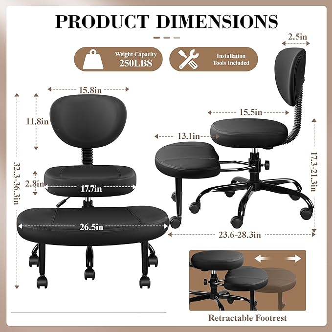 Ergonomic Cross Legged Office Chair with Wheels - Adjustable Height for Meditation, ADHD Desk & Yoga - Wide Criss Cross Design with Lumbar Support, Kneeling Chair - Jet Black