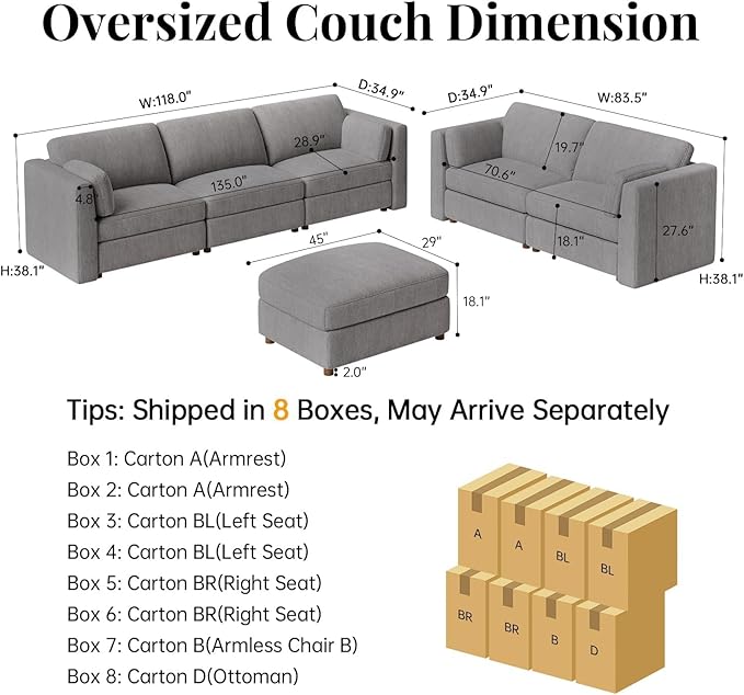 CUGOAO 153.4'' Oversized Sofa Set, Modular Sectional Sofa, Deep Seat Chenille Cloud Couch, Removable Cover, Mordern Upholstered Couches for Living Room, Apartment, Office, Grey