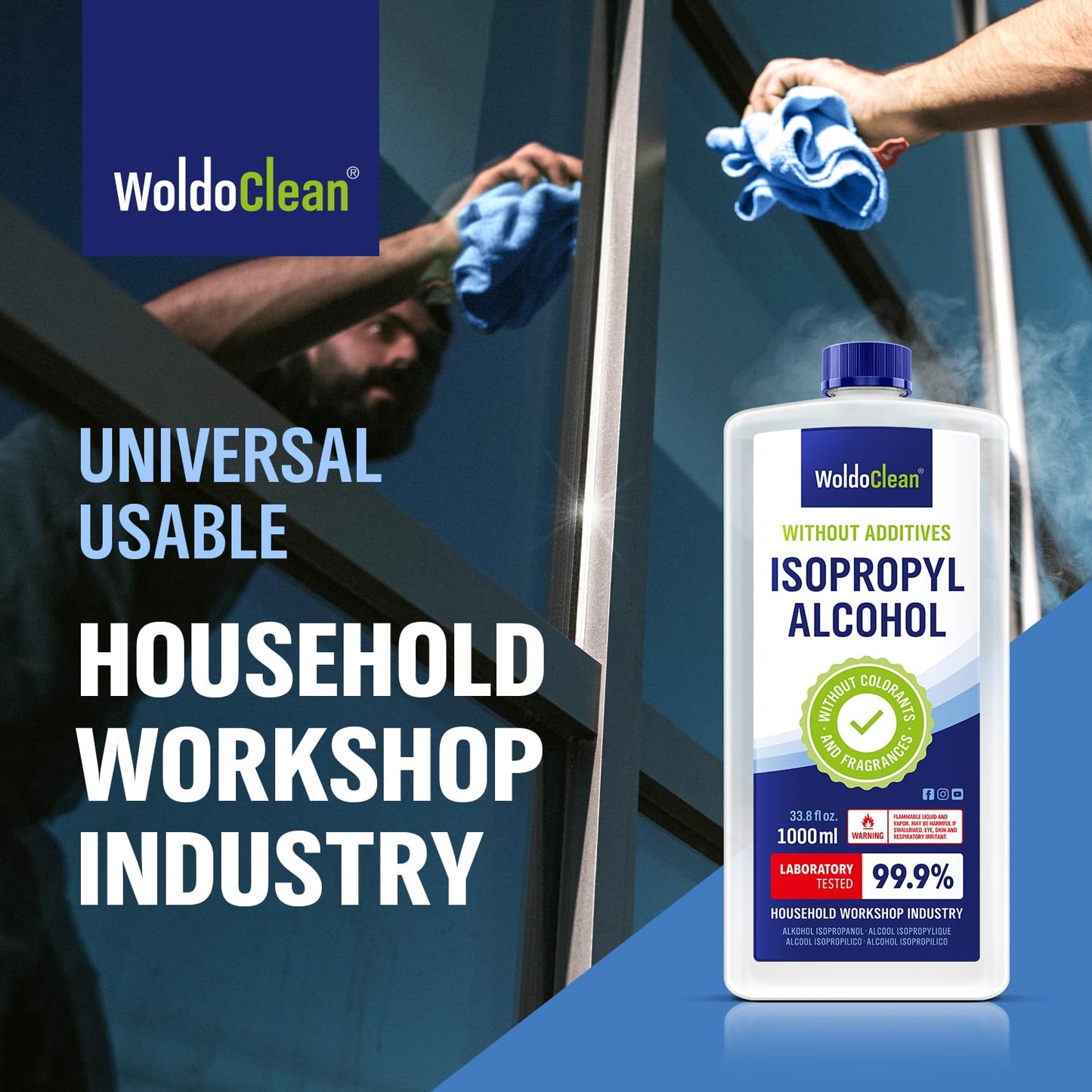 WoldoClean Isopropyl Alcohol 99.9% Pure IPA 33.8 fl oz - High Purity Rubbing Alcohol for Cleaning Electronics, Glass, Tools & Household Surfaces, Fast Evaporating, Residue-Free