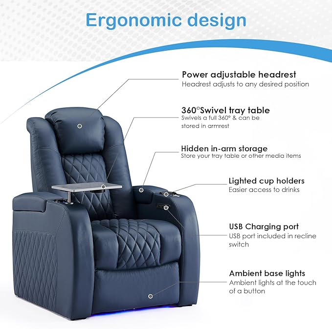Weilianda Home Theater Seating Top Grain Leather Zero Gravity Recliner Chair Power Headrest Recline Movie Seat Gaming 7 Colors Mood Light Sofa with Tray Table USB Charge Row of 4 Loveseat Middle Blue