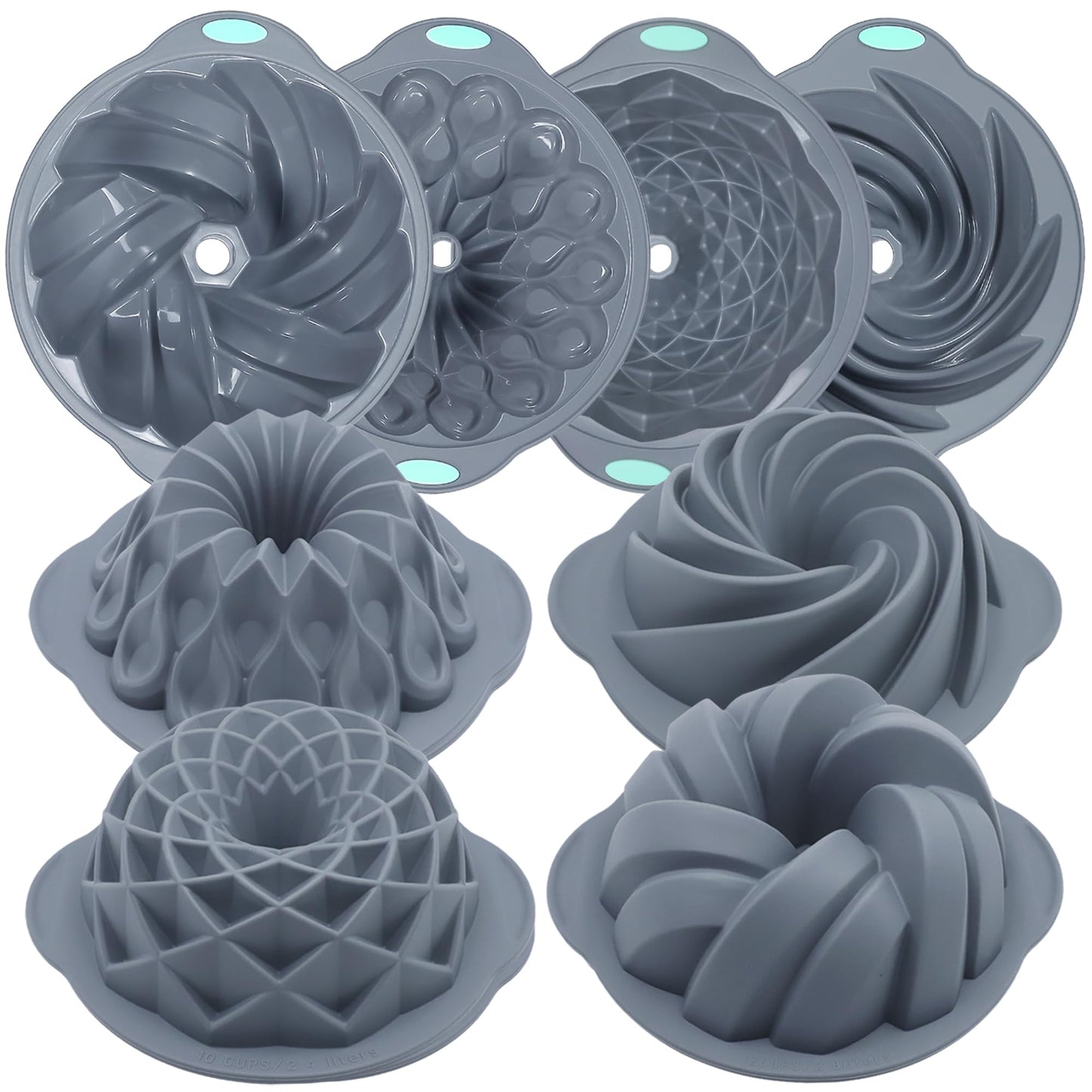 Tongjude 4 Pieces Silicone Fluted Cake Pans, 10/12 Cups Tube Baking Pan, Silicone Molds for Homemade Cake, Bread and Jello, Non-Stick, Grey
