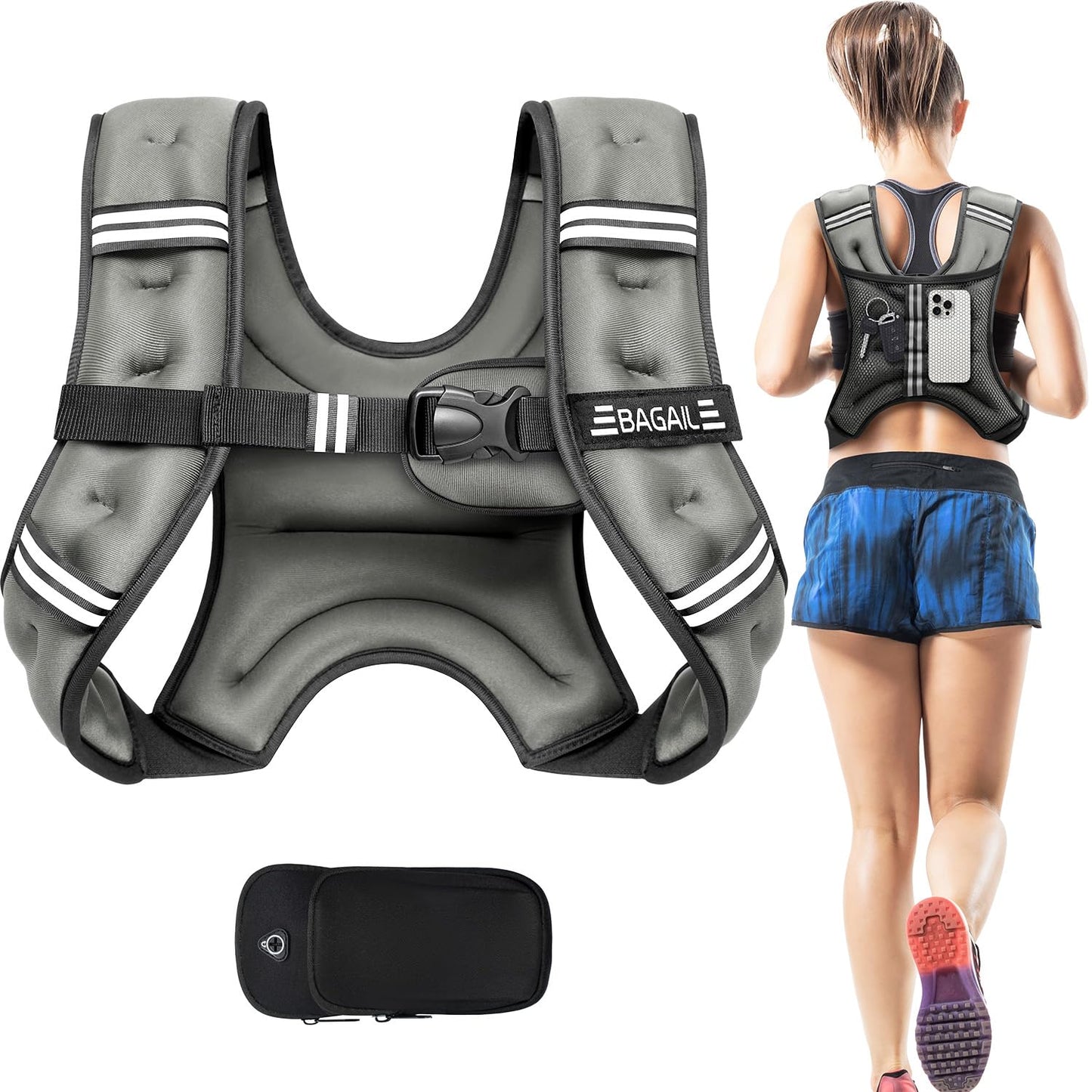 BAGAIL Weighted Vest, 5lb/8lb/10lb/12lb/15lb/20lb/25lb/30lb Weight Vest for Walking & Weight Loss, Reflective Rucking Vest with Phone Pouch for Women & Men, Home Gym & Outdoor Training