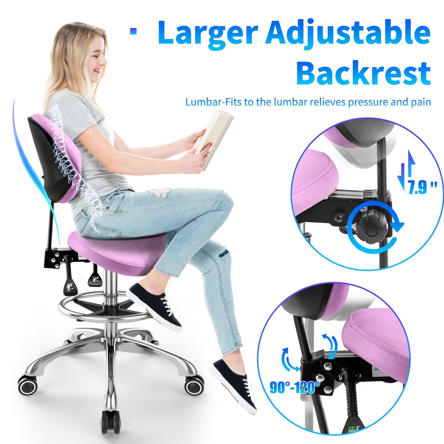 Saddle Chair with Back Support - Tilted Backrest, Adjustable Foot Rest, 350 LBS Capacity Ergonomic, 360° Swivel Drafting Chair for Salon, Spa, Massage, Tattoo, Facial lash, Home,（Macaron Purple）