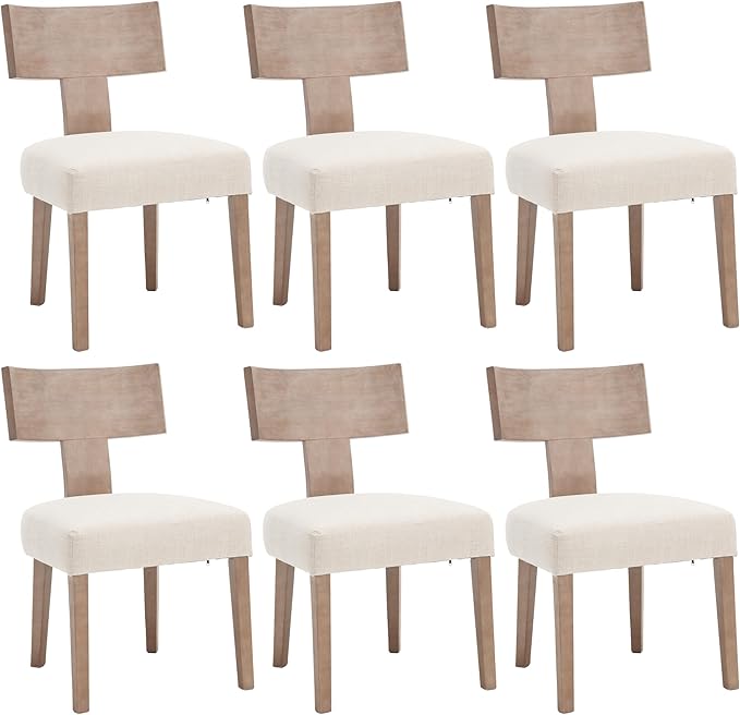 DM Furniture Linen Dining Chairs Set of 6 with Natural Wood Legs, Farmhouse Upholstered Side Chair with Curved Backrest for Living Room/Restaurant, Beige