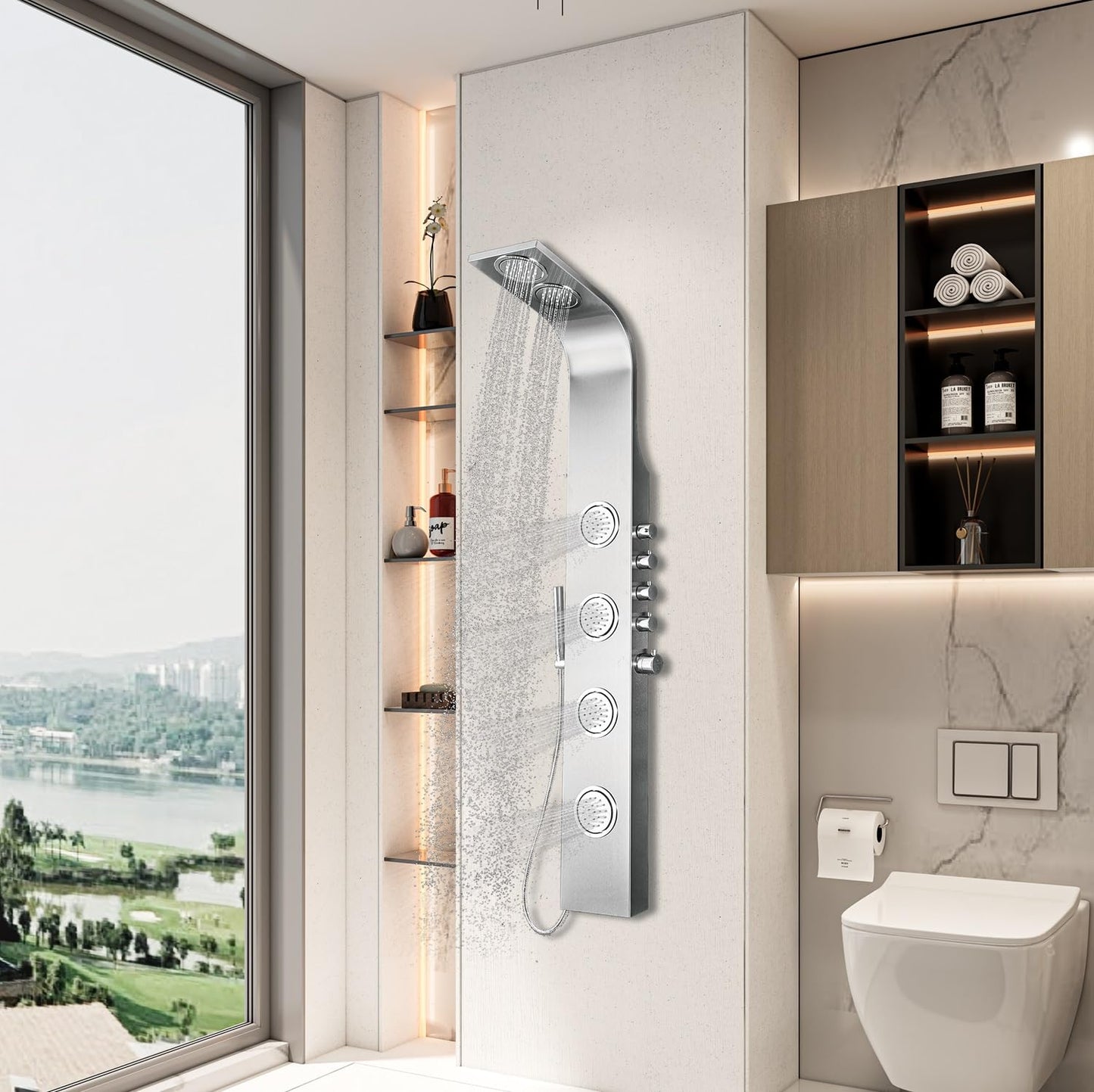 Blue Ocean ™ 59” Aluminum SPA8659 Thermostatic Shower Panel Tower with Rainfall Showerhead, 3 Sets Body Nozzles, and Handheld Showerhead, Shower Column