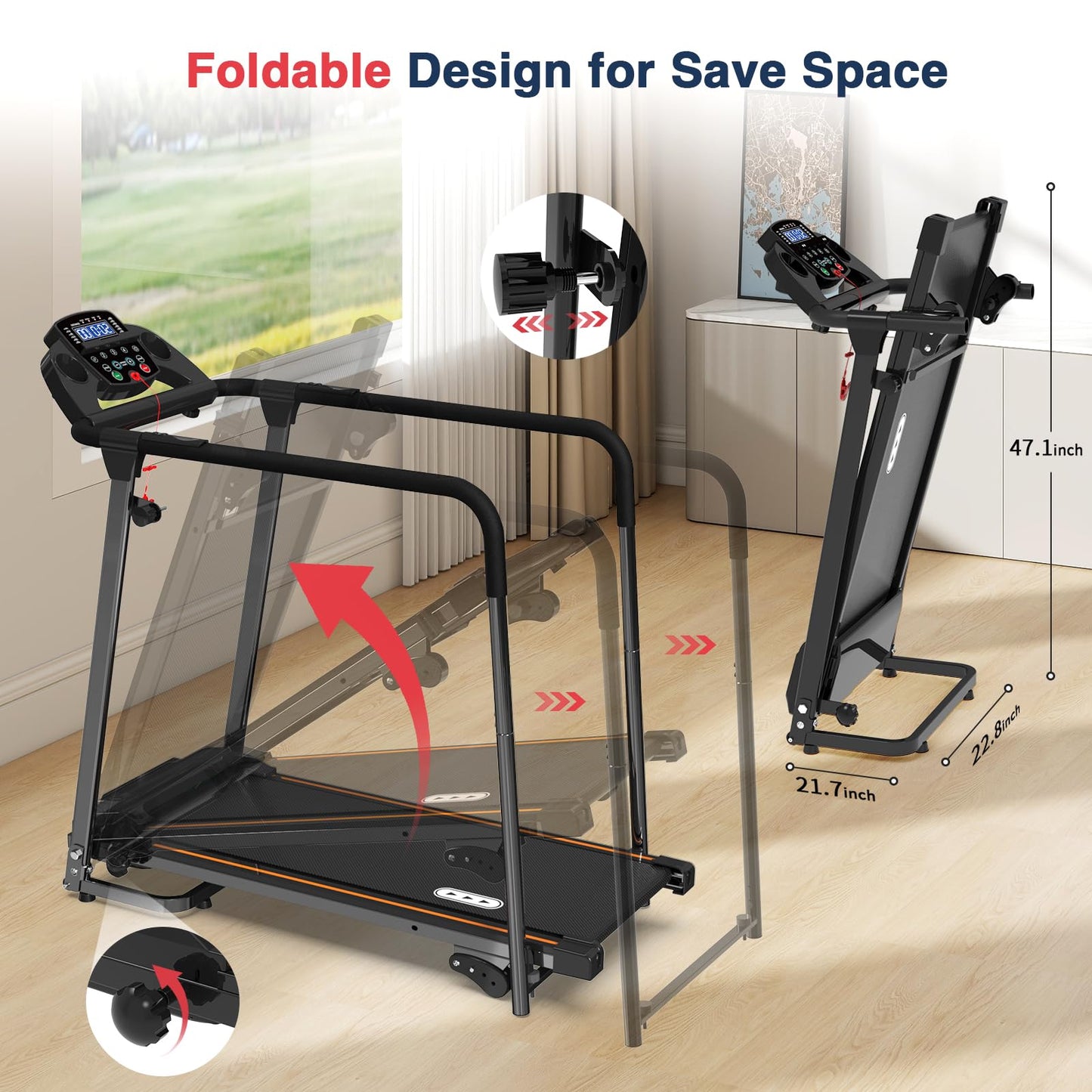 Redliro Treadmill for Seniors with Long Handrails - Foldable Walking Treadmill for Home Small, 300 lbs Capacity, 0-2% Incline, Auto Lube, Mute & Quick Speed Button, Elder Recovery, Cup & Phone Holder