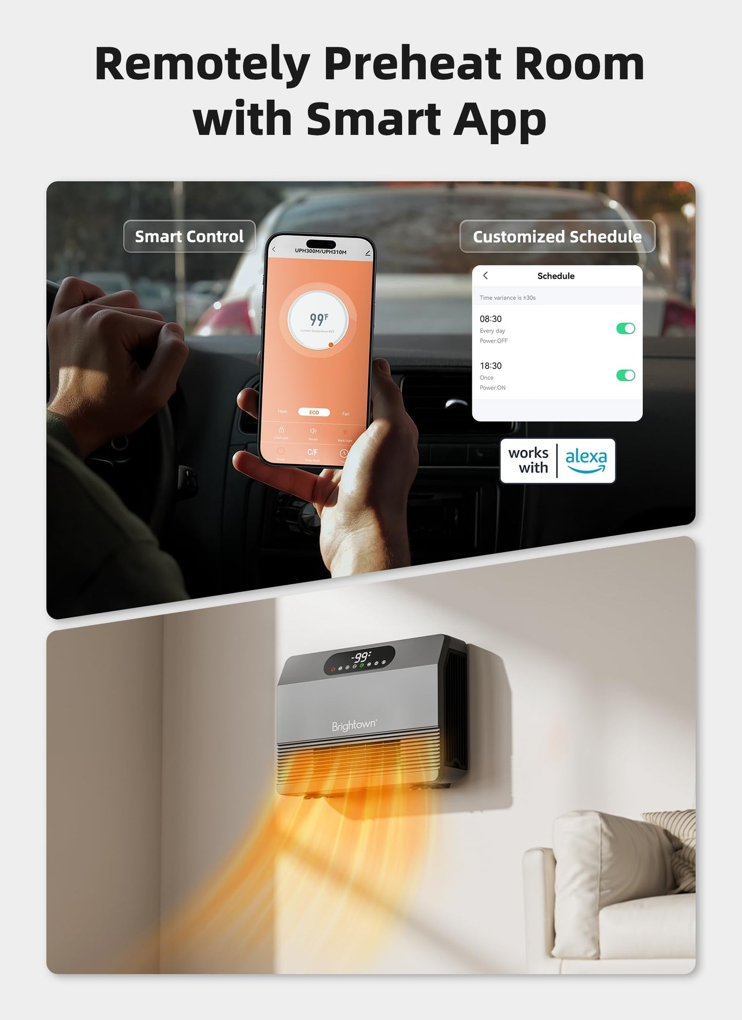 Brightown Smart Wall Heater, 1500W Electric Space Heater for Indoor Use, 5 Optional Modes, Adjustable Thermostat, Remote Control, Energy Efficient Easy-Mount Heater for Bedroom, Works with Alexa, Grey