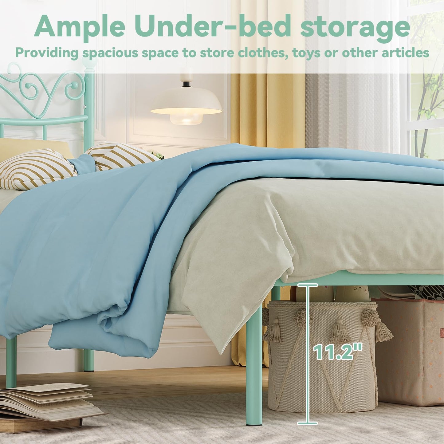 Merronix Twin Bed Frames with Headboard, Elegant Metal Bed Frame for Kids Girls, Modern Twin Size Platform Bed - No Box Spring Needed, 11.2 Inches Height Underbed Storage - Mint Green