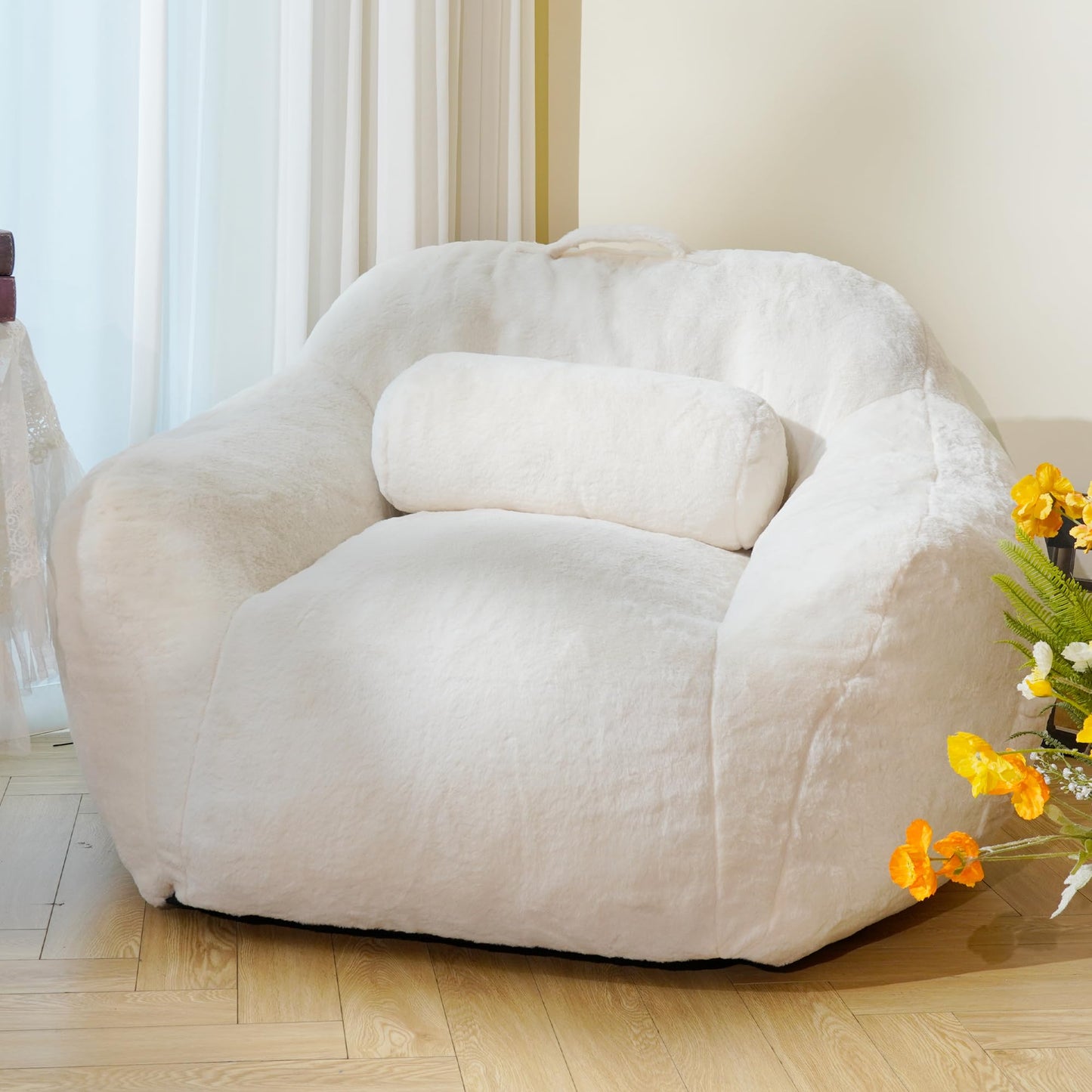 LFCREATOR Large Bean Bag Chairs for Adults, Faux Fur Fabric Giant Bean Bag Chair with Pillow, Soft Bean Bag Sofa Chair with Ergonomic Support, Beige Plush Lazy Sofa, White
