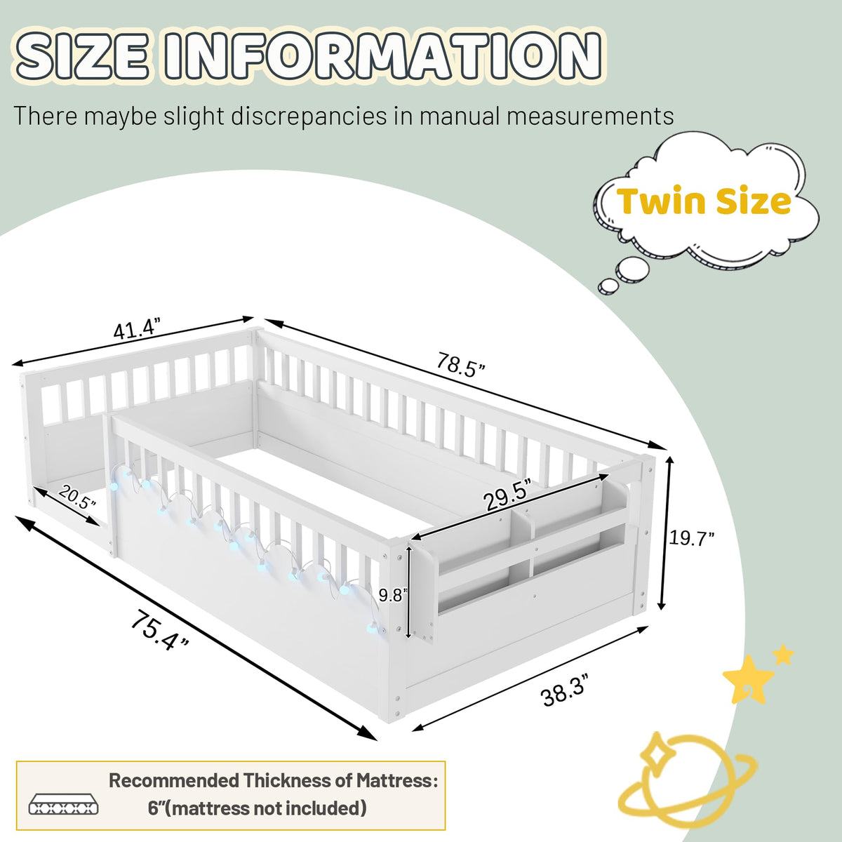 Twin Size Floor Bed with High Rails, Solid Wood Montessori Bed with Lights & Storage Shelf for Baby,Kids Bed Frame for Girls, Boys, Floor Bed Frame Without Slats,White