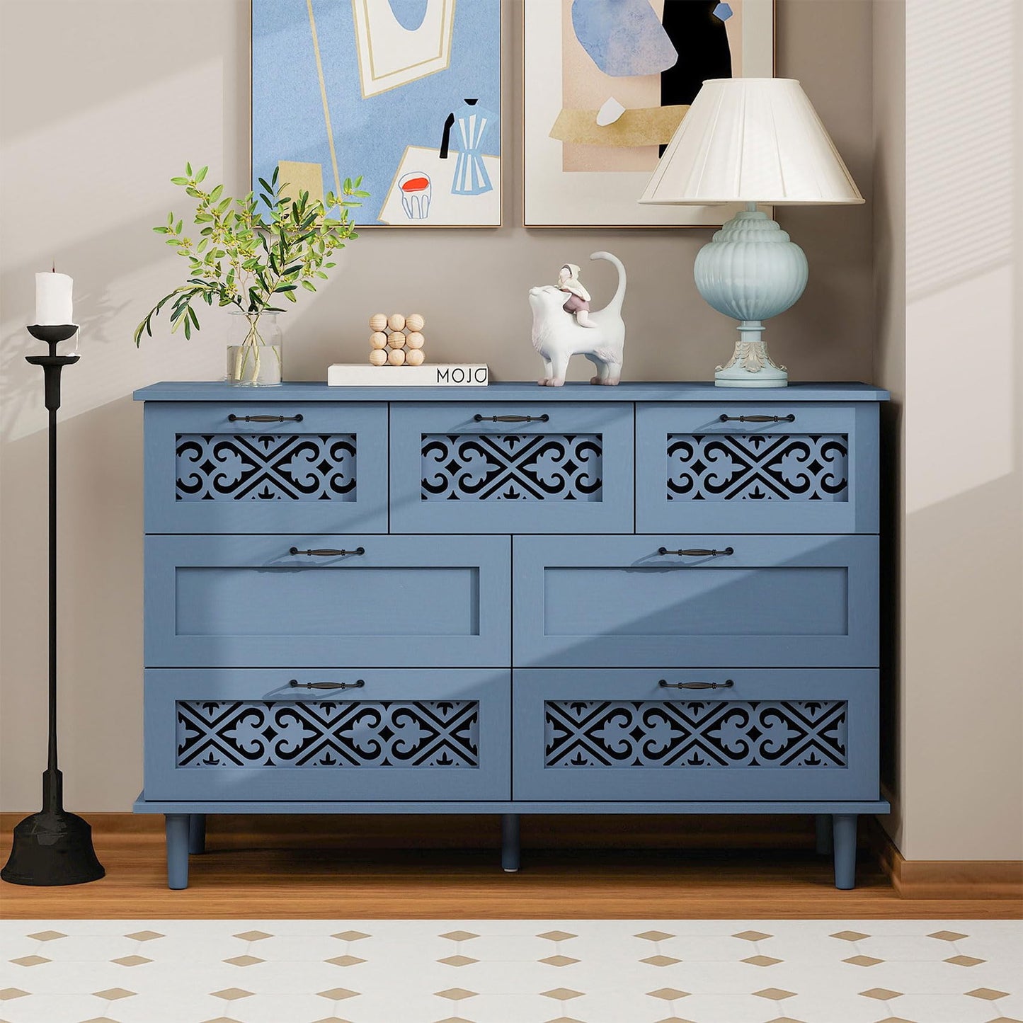 YHFEXYT 47” Wide Dresser for Bedroom with 7 Drawers,American Chest of Drawers with Bar Metal Handle,Wood Drawer Organizer,TV Stand with Large Drawers Muted Blue