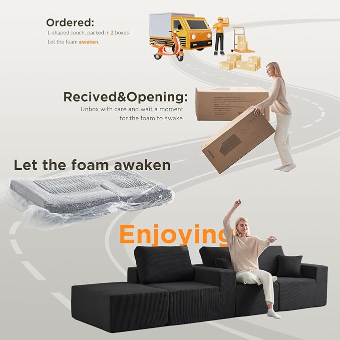 INGEROOM 108" Cloud Sectional Couch with Chaise, Modular L-Shaped Sofa, Deep Seat Comfy Corduroy Memory Foam Couch for Apartments, Dorms or Small Space, No Assembly Required, Black