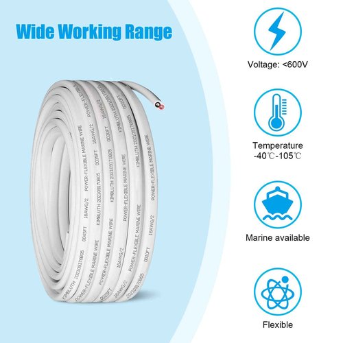 Kimbluth 16 Gauge Duplex Marine Wire Tinned Copper Boat Cable, 200ft 16 AWG Standard USA OFC Oxygen Free Copper Wire for Automotive Boat Speakers Solar Outdoors
