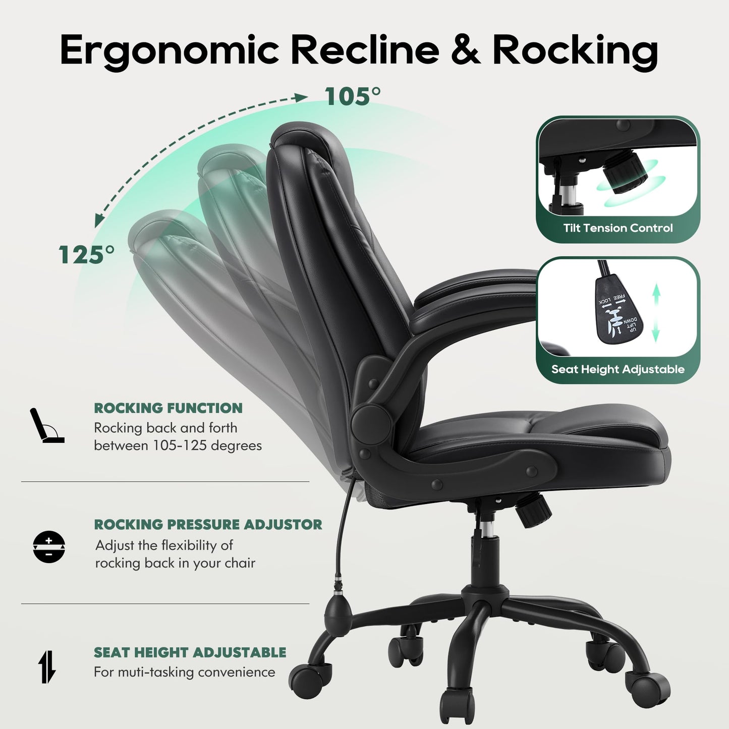 MALOL Leather Office Chair, Computer Desk Chair with Adjustable Lumbar Support, Thick Cushion, Flip-Up Arms and Ergonomic Back, Comfy Executive Office Chair for Home Office Gaming,Black