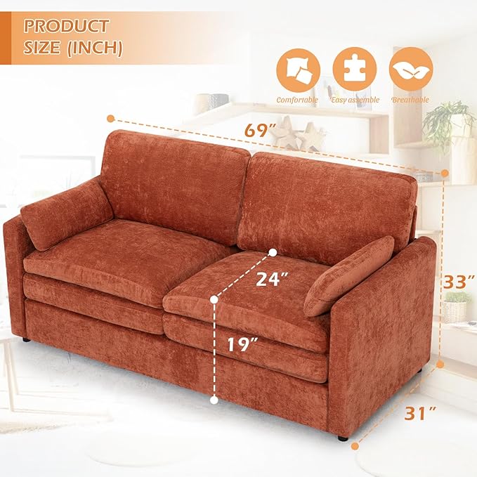 ACMEASE 69” Chenille Loveseat Sofa w/Arm Pillows, Upholstered 2-Seater Sofa w/Comfortable Back Cushions, Modern 2 Seats Couch w/High-Density Foam for Living Room, Apartment, Office, Orange
