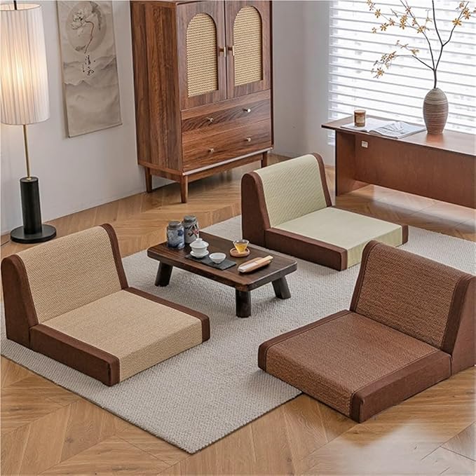 Floor Chair with Back Support, Bamboo Low Meditation Chair, Tatami Chair with Soft Cushion, Versatile Legless Chair for Living Room, Bedroom, Bay Window(Natural)