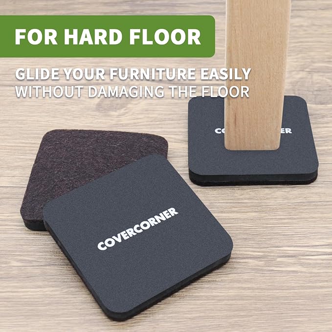 COVERCORNER Felt Furniture Sliders for Hardwood Floors 8 PCS - 3 1/2 Inch Square Moving Slider - Heavy Duty Felt Movers Chair Legs Protectors - Brown