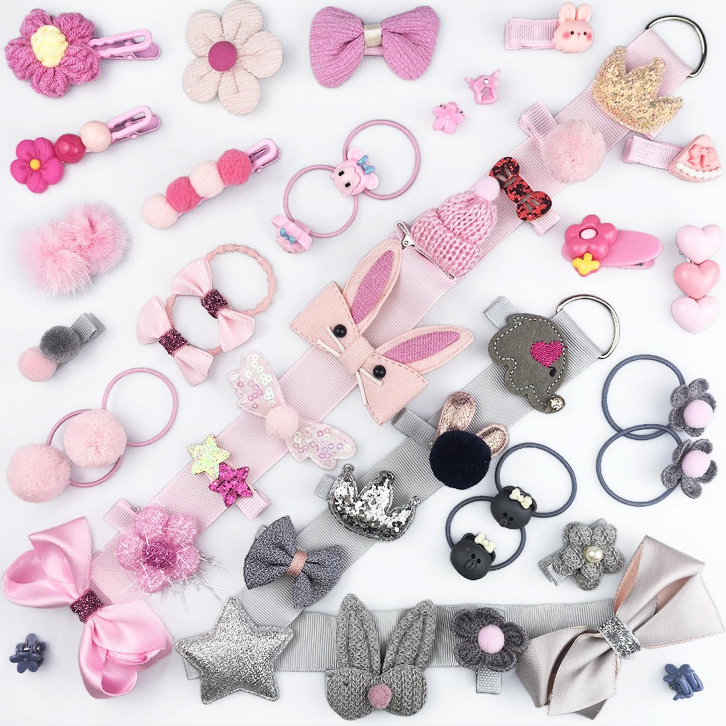 Baby Girl's Hair Clips Cute Hair Bows Baby Elastic Hair Ties Hair Accessories Ponytail Holder Hairpins Set for ittle Girls Teens Toddlers,48 pieces Pack (Grey & Light Pink)