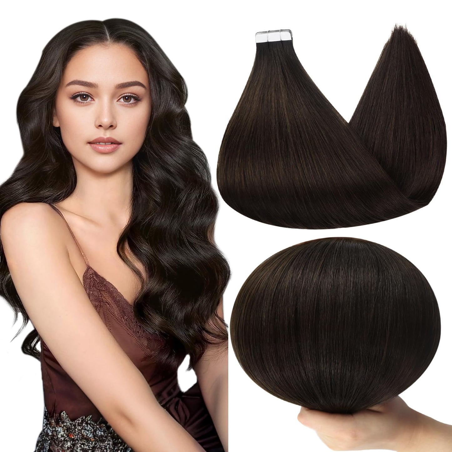 Full Shine Tape in Hair Extensions Human Hair 14Inch Brown Hair Extensions Color 2 Darkest Brown Tape in Extensions Natural Stra